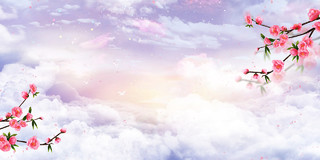 紫色唯美手绘天空水墨桃花展板背景